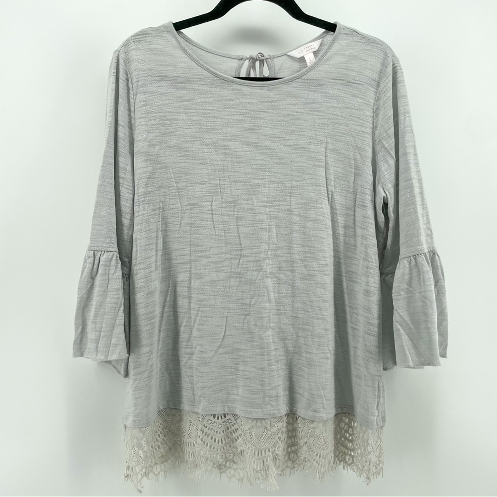LC Lauren Conrad Light Gray Lace Bell Sleeve Blouse L